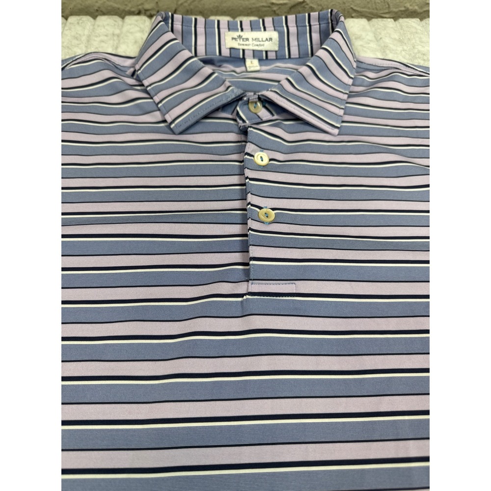 Peter Millar Summer Comfort Mens Large Polo Shirt Purple Blue Striped Golf Top